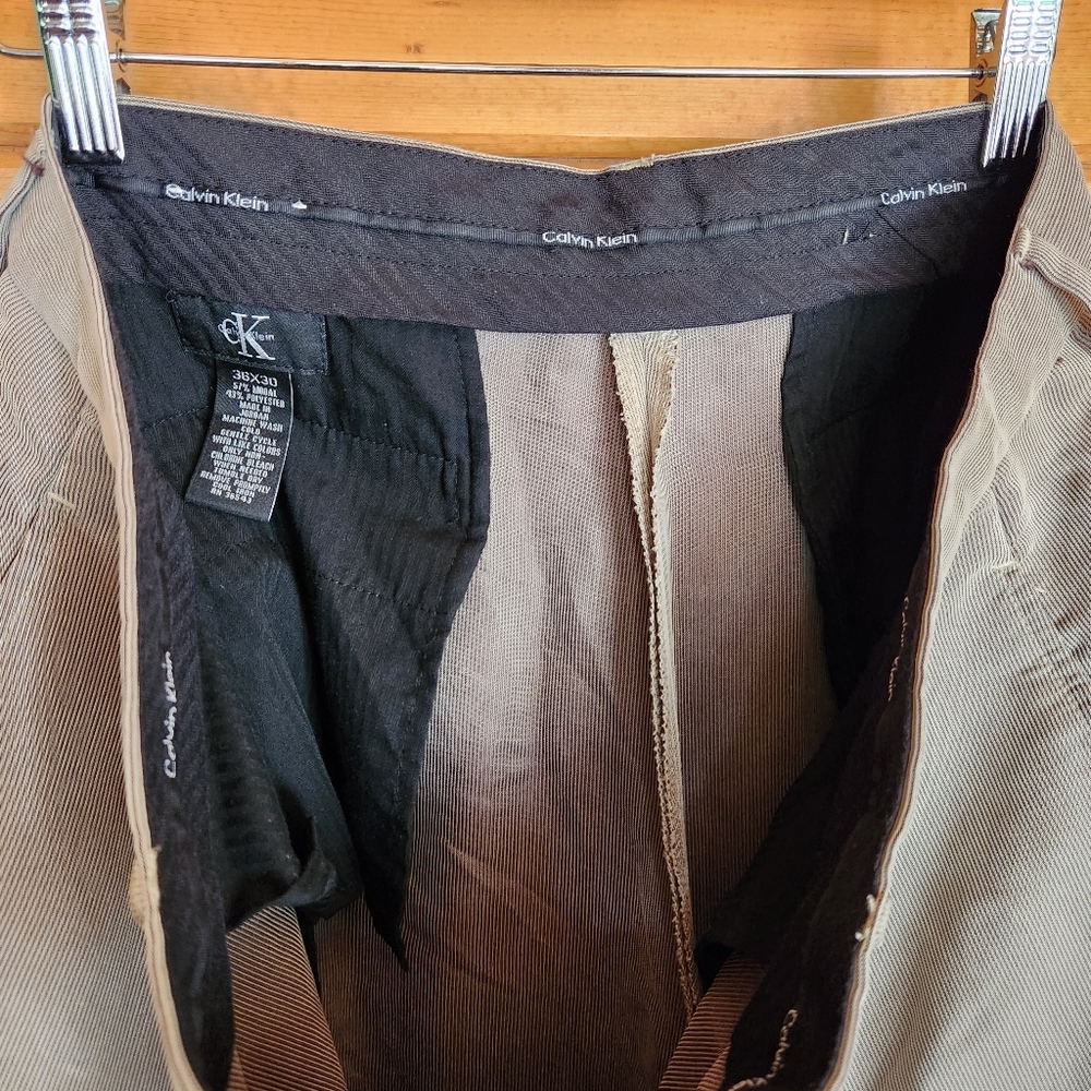 Calvin Klein 💙 Men Pinstripe Taupe Modal Dress Pants Flat Front Slacks 36 X 30" - Picture 10 of 10